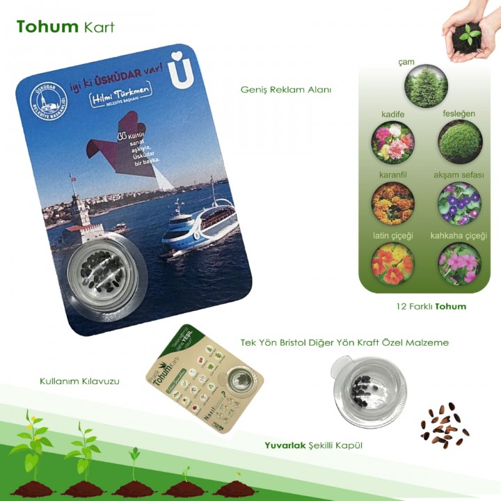 yuvarlak kapsüllü promosyon tohum kartı 12 tohum seçenekli logo baskılı kraft eşantiyon kart